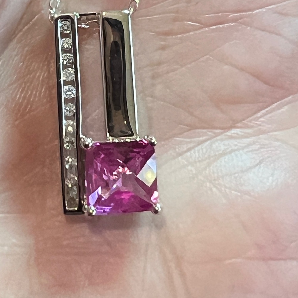New, w10kt gold, diamonds and pink topaz stones, 18” chain.